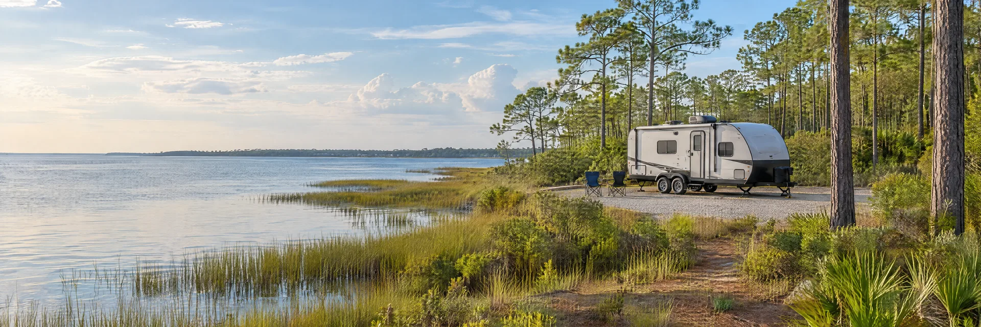 Illustration of a compact travel trailer at a fictional camping setting inspired by Freeport, FL.