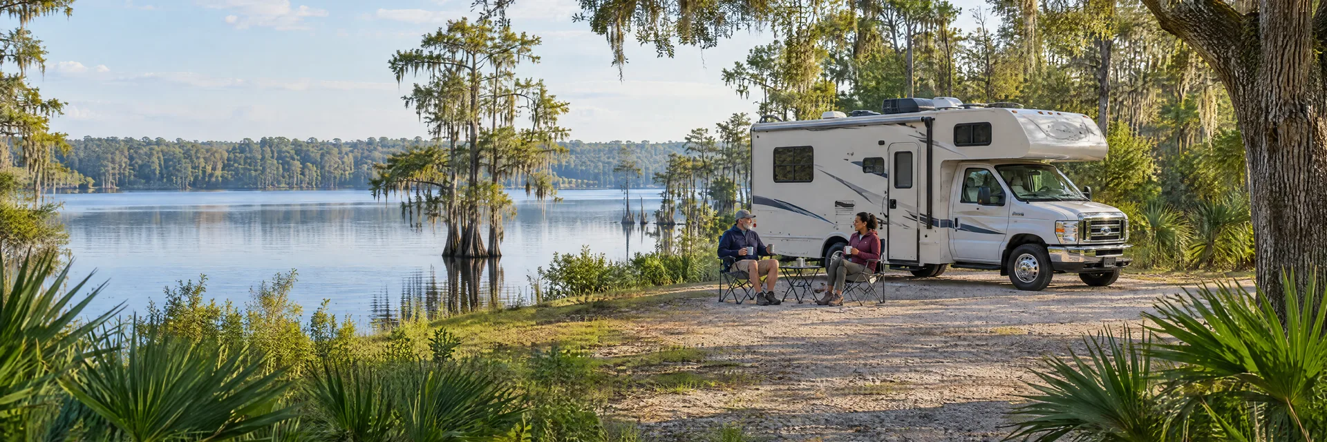Illustration of campers enjoying morning coffee beside a Class C motorhome in a fictional camping setting inspired by Gainesville, FL.