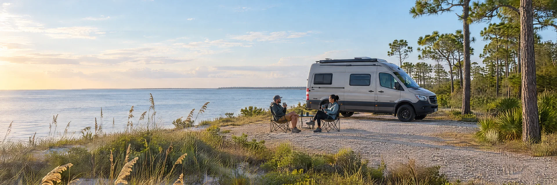Illustration of campers enjoying morning coffee beside a camper van in a fictional camping setting inspired by Gulf Breeze, FL.