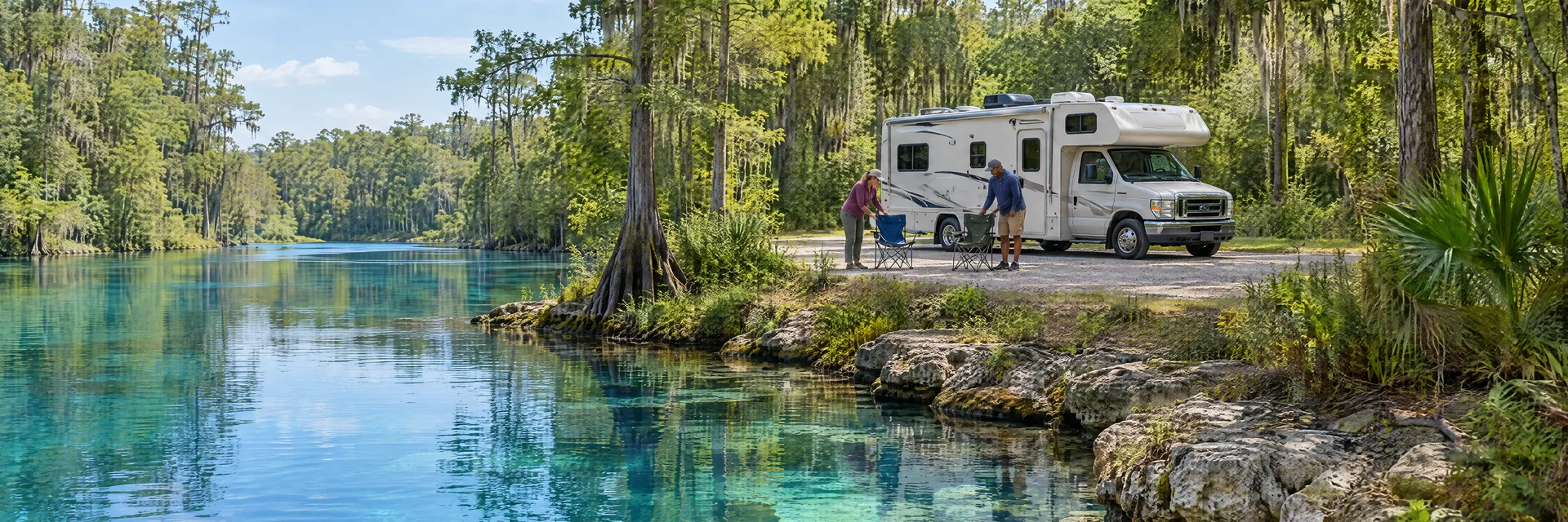 Illustration of campers enjoying setting up camp beside a Class C motorhome in a fictional camping setting inspired by High Springs, FL.