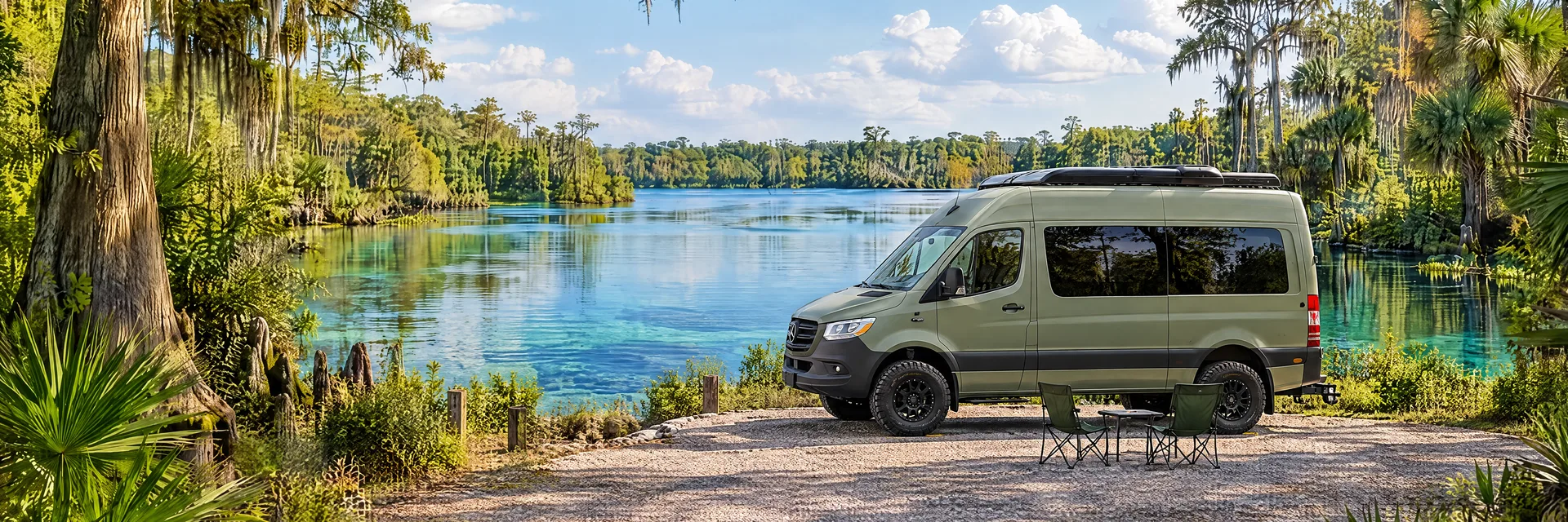 Illustration of a sage-green modern campervan at a fictional camping setting inspired by Homosassa, FL.