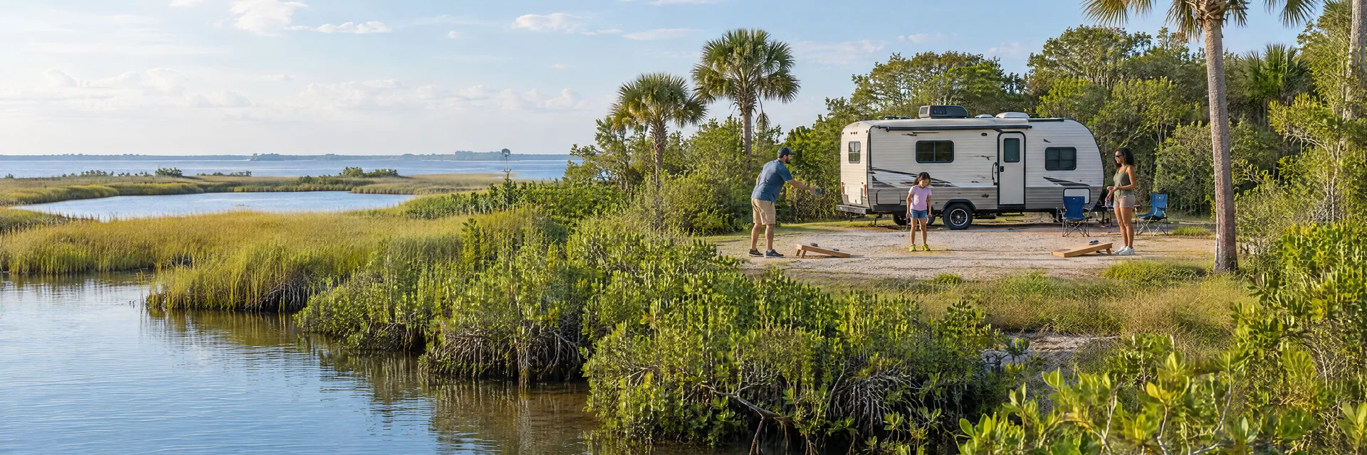Illustration of campers enjoying family campsite activities beside a compact travel trailer in a fictional camping setting inspired by Hudson, FL.