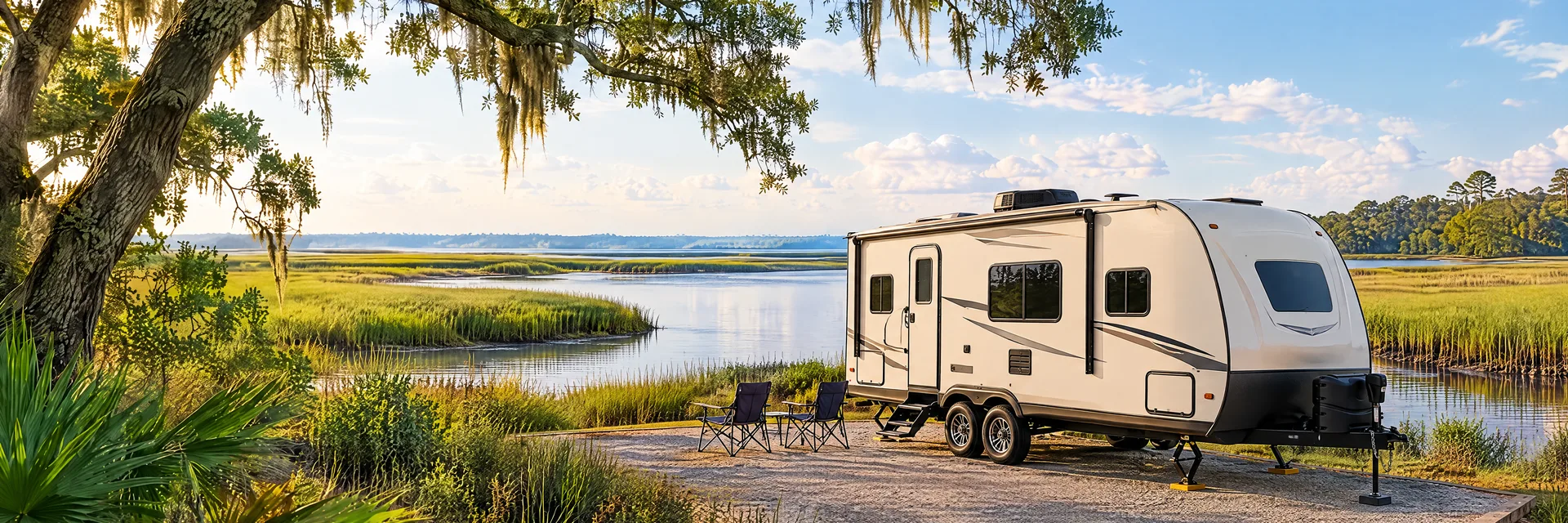 Illustration of a ivory tandem-axle travel trailer with visible hitch and stabilizers at a fictional camping setting inspired by Jacksonville, FL.
