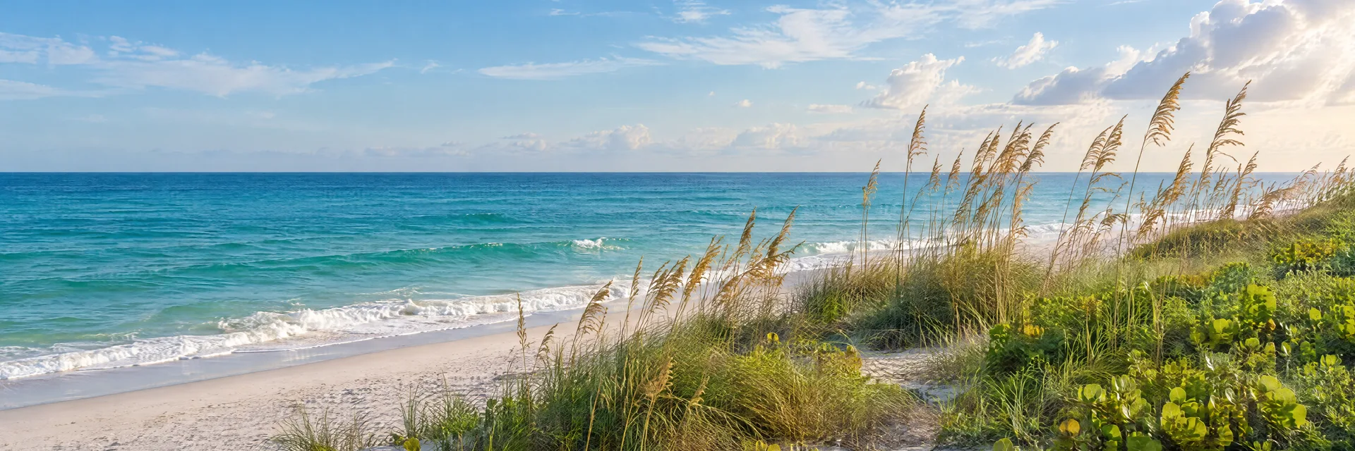 Illustration inspired by Jensen Beach, FL: florida Atlantic barrier beach with sea oats and blue-green water.