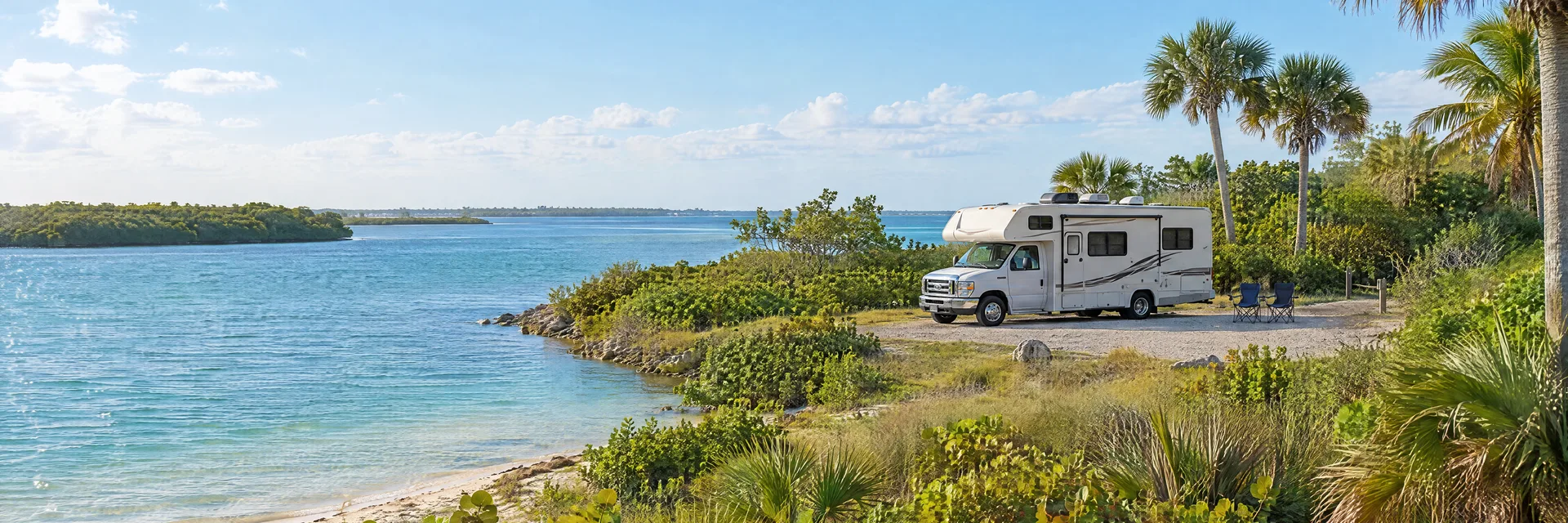 Illustration of a Class C motorhome at a fictional camping setting inspired by Jupiter, FL.