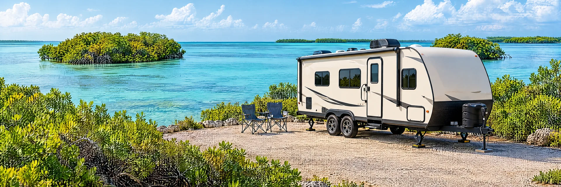 Illustration of a ivory tandem-axle travel trailer with visible hitch and stabilizers at a fictional camping setting inspired by Key Largo, FL.