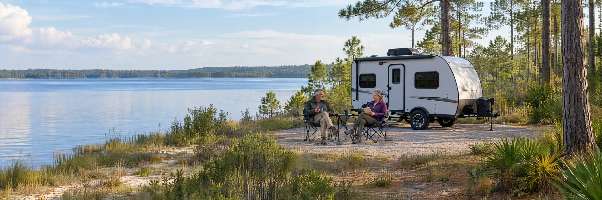 Illustration of campers enjoying relaxing at camp beside a compact travel trailer in a fictional camping setting inspired by Keystone Heights, FL.