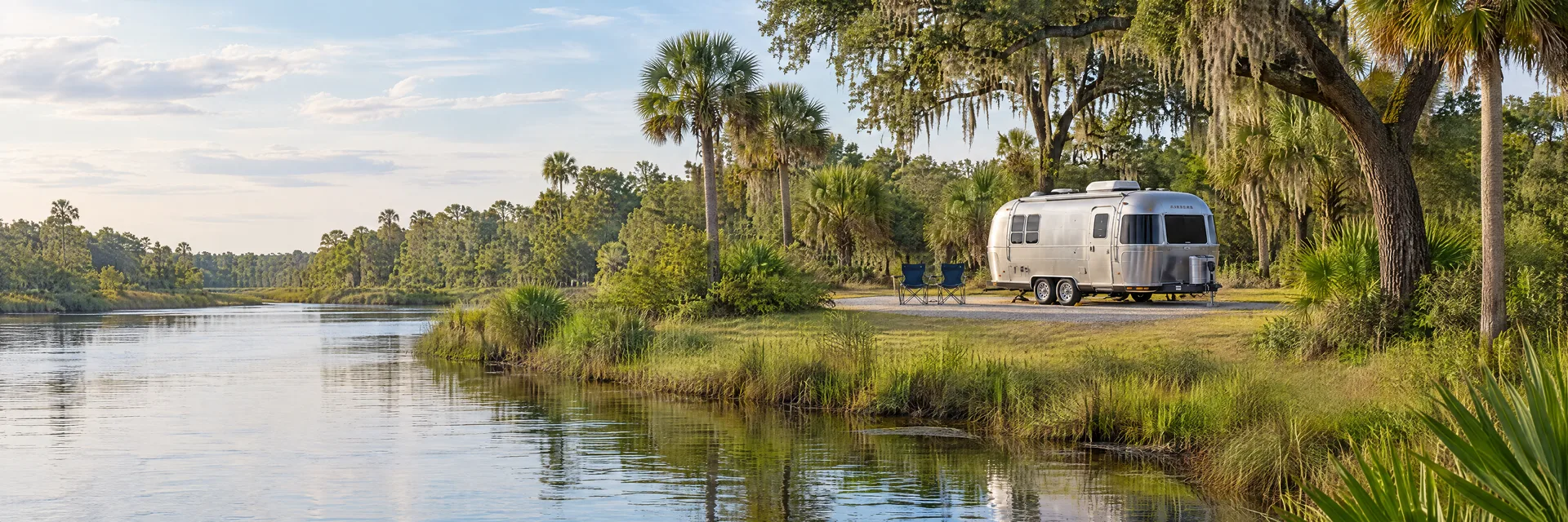 Illustration of a rounded silver travel trailer at a fictional camping setting inspired by Labelle, FL.