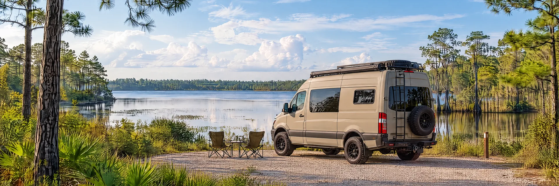 Illustration of a sand-colored rugged campervan at a fictional camping setting inspired by Lake City, FL.