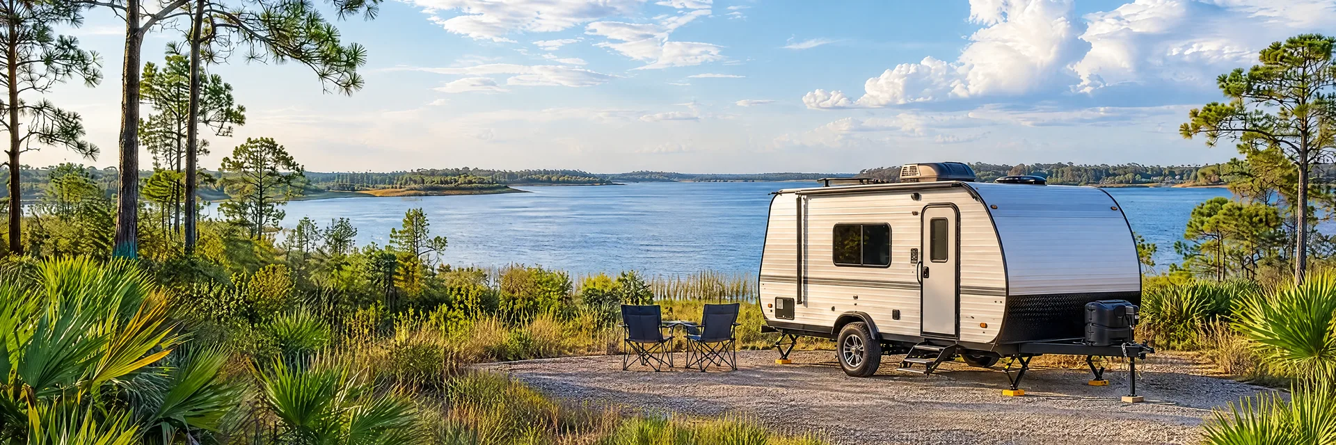 Illustration of a silver compact single-axle travel trailer with visible hitch and stabilizers at a fictional camping setting inspired by Lake Wales, FL.
