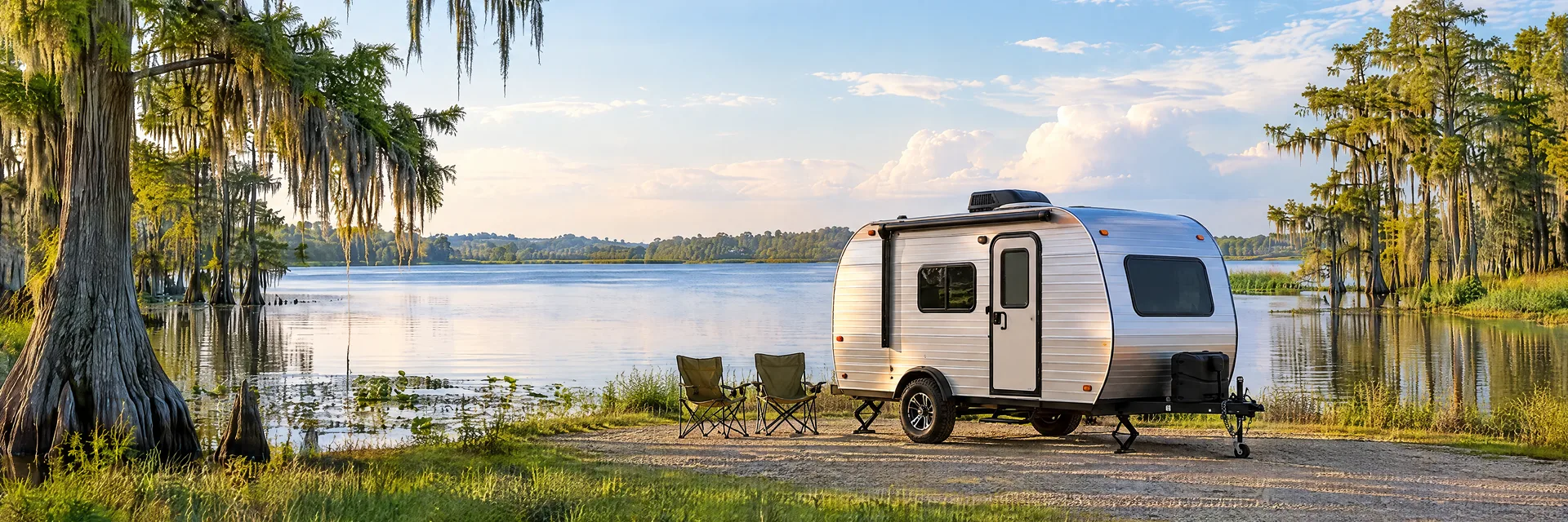 Illustration of a silver compact single-axle travel trailer with visible hitch and stabilizers at a fictional camping setting inspired by Lakeland, FL.