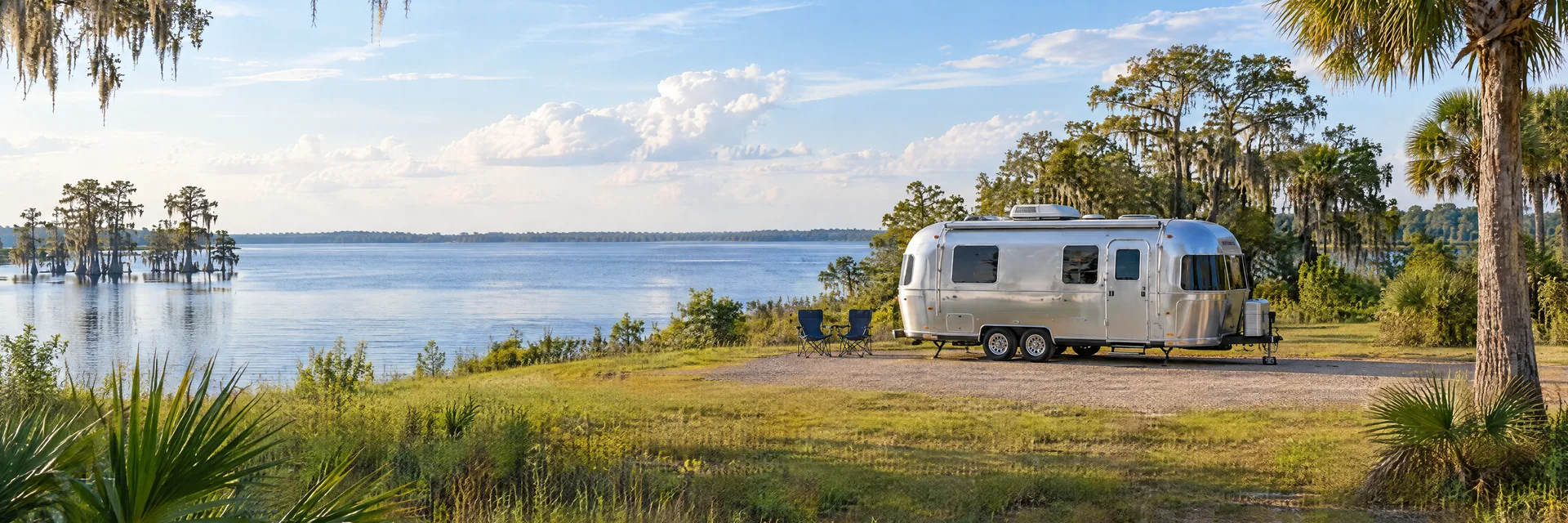 Illustration of a rounded silver travel trailer at a fictional camping setting inspired by Leesburg, FL.