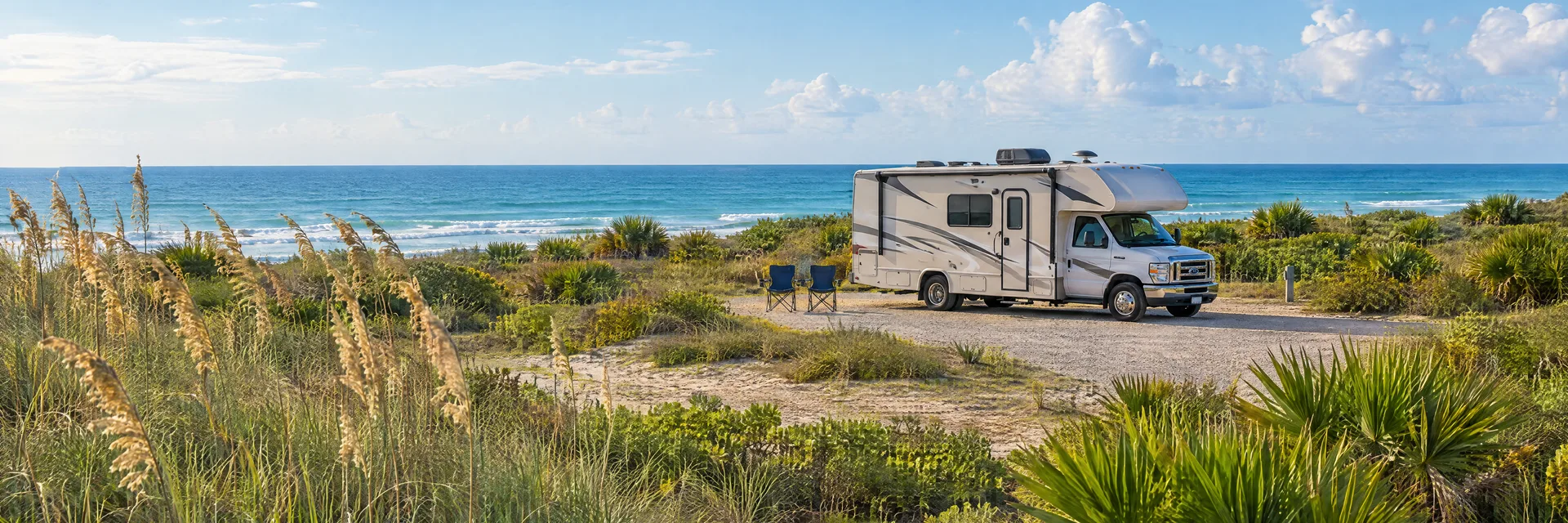 Illustration of a Class C motorhome at a fictional camping setting inspired by Melbourne Beach, FL.
