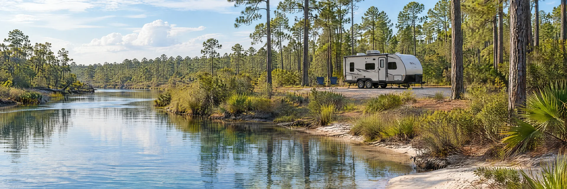Illustration of a compact travel trailer at a fictional camping setting inspired by Milton, FL.