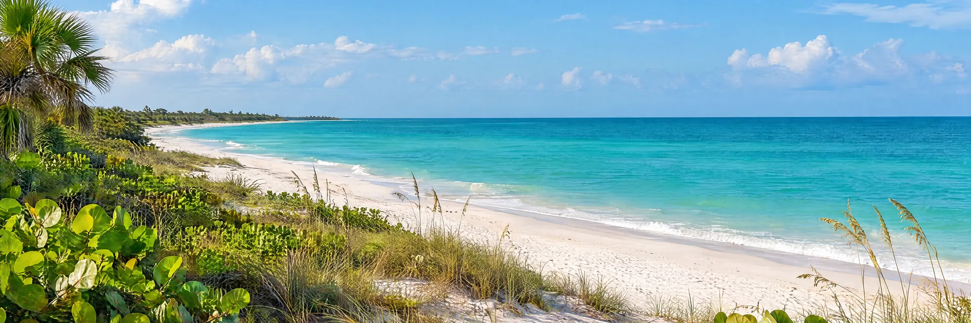 Illustration inspired by Naples, FL: southwest Florida white sand beach and turquoise Gulf water with coastal greenery.