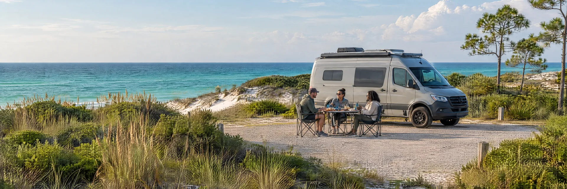 Illustration of campers enjoying an outdoor meal beside a camper van in a fictional camping setting inspired by Navarre, FL.
