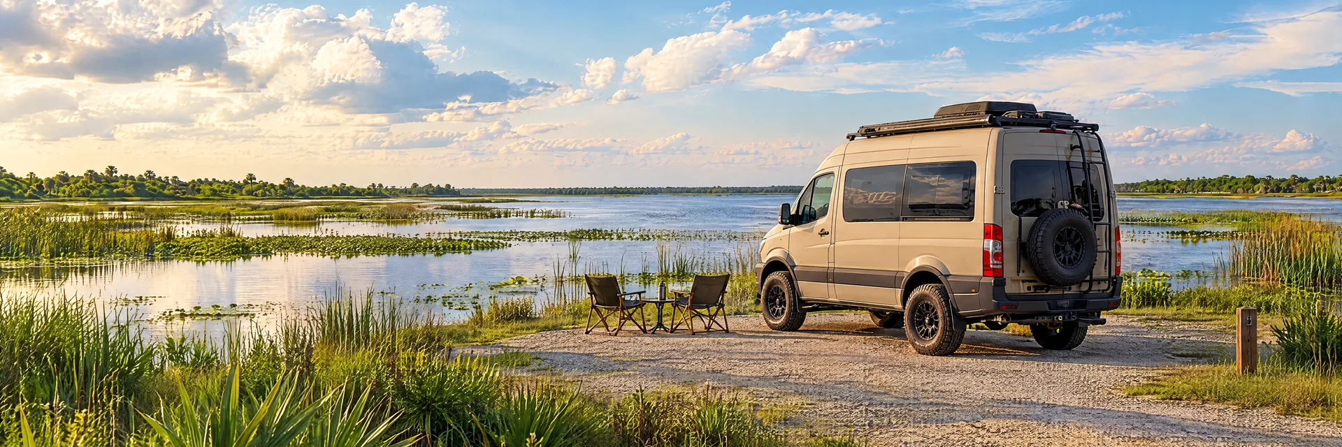 Illustration of a sand-colored rugged campervan at a fictional camping setting inspired by Okeechobee, FL.