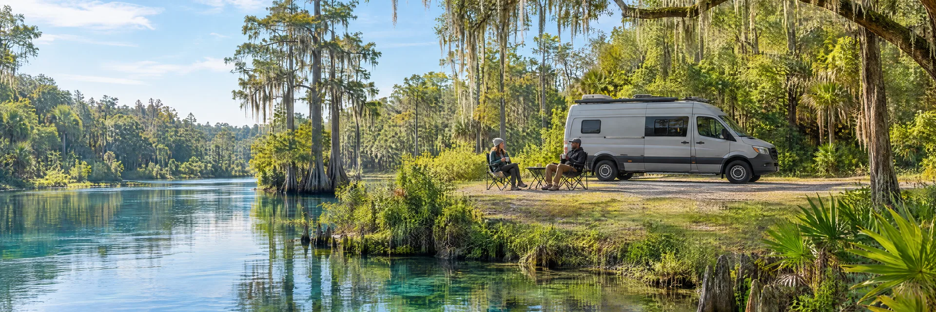 Illustration of campers enjoying morning coffee beside a camper van in a fictional camping setting inspired by Orange City, FL.