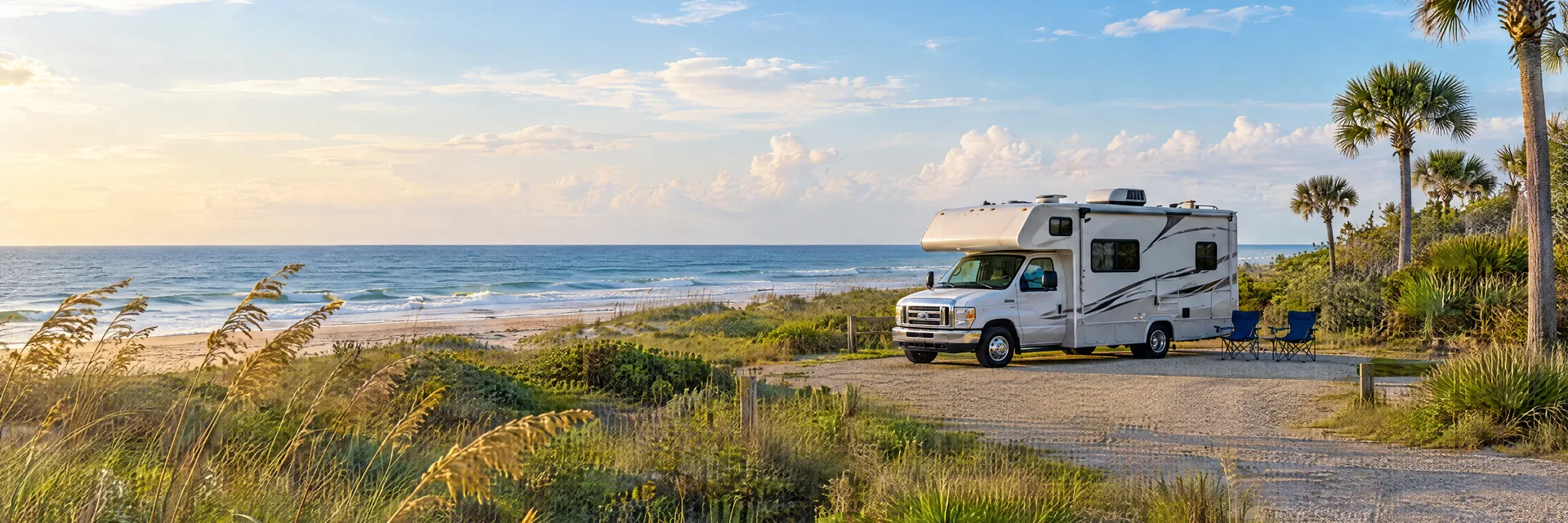 Illustration of a Class C motorhome at a fictional camping setting inspired by Ormond Beach, FL.