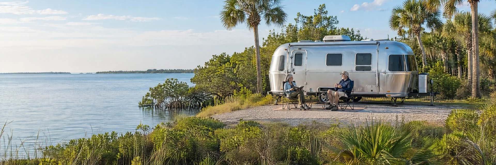Illustration of campers enjoying relaxing at camp beside a rounded silver travel trailer in a fictional camping setting inspired by Palmetto, FL.