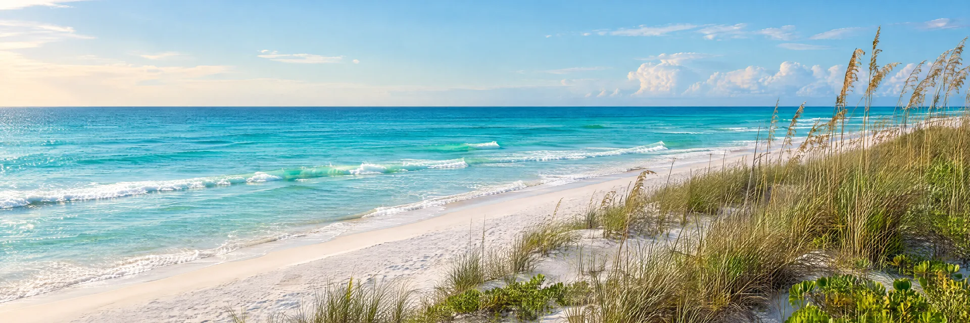 Illustration inspired by Panama City Beach, FL: florida Gulf Coast emerald water and white sand beside native dune grasses.