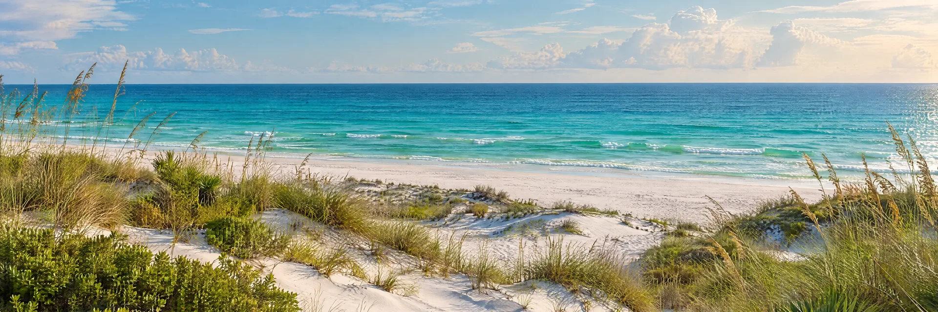 Illustration inspired by Pensacola, FL: white Florida Panhandle sand dunes beside emerald Gulf water.