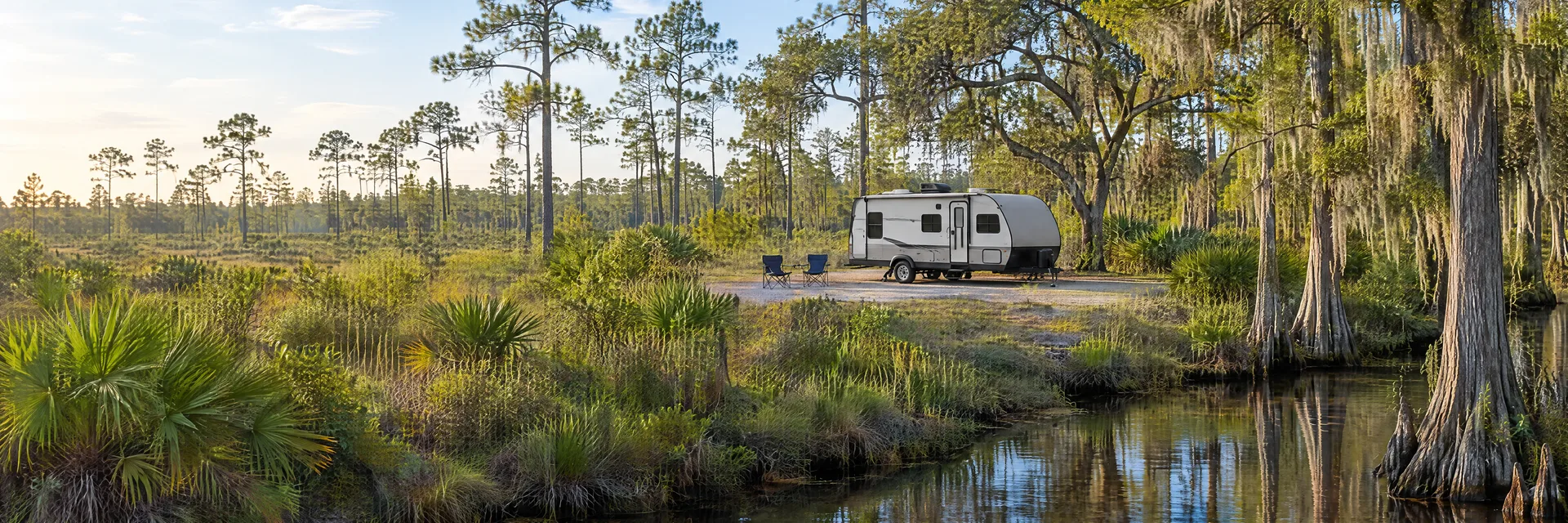 Illustration of a compact travel trailer at a fictional camping setting inspired by Perry, FL.