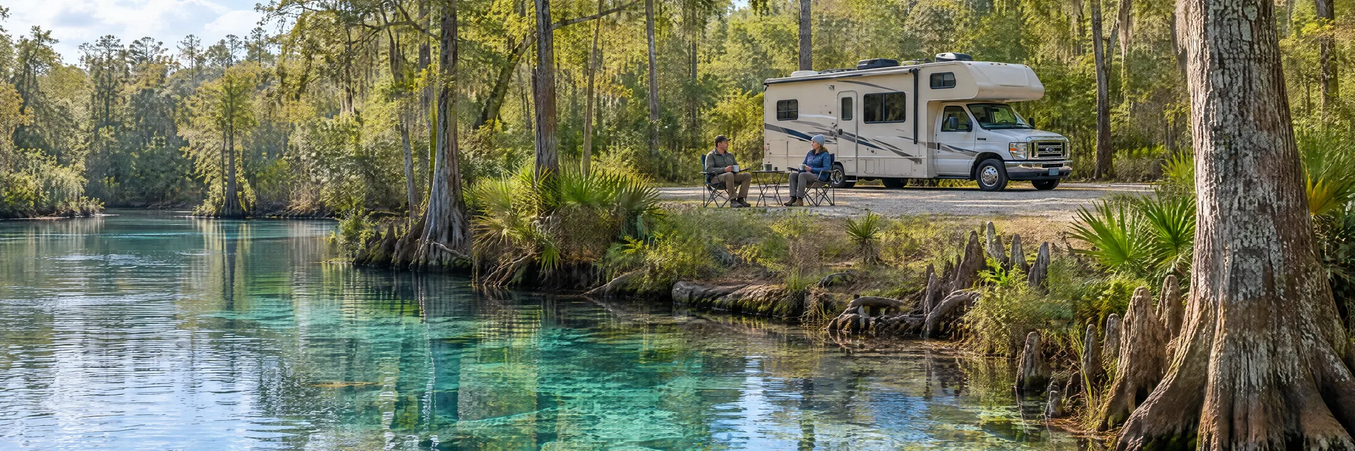 Illustration of campers enjoying morning coffee beside a Class C motorhome in a fictional camping setting inspired by Ponce De Leon, FL.