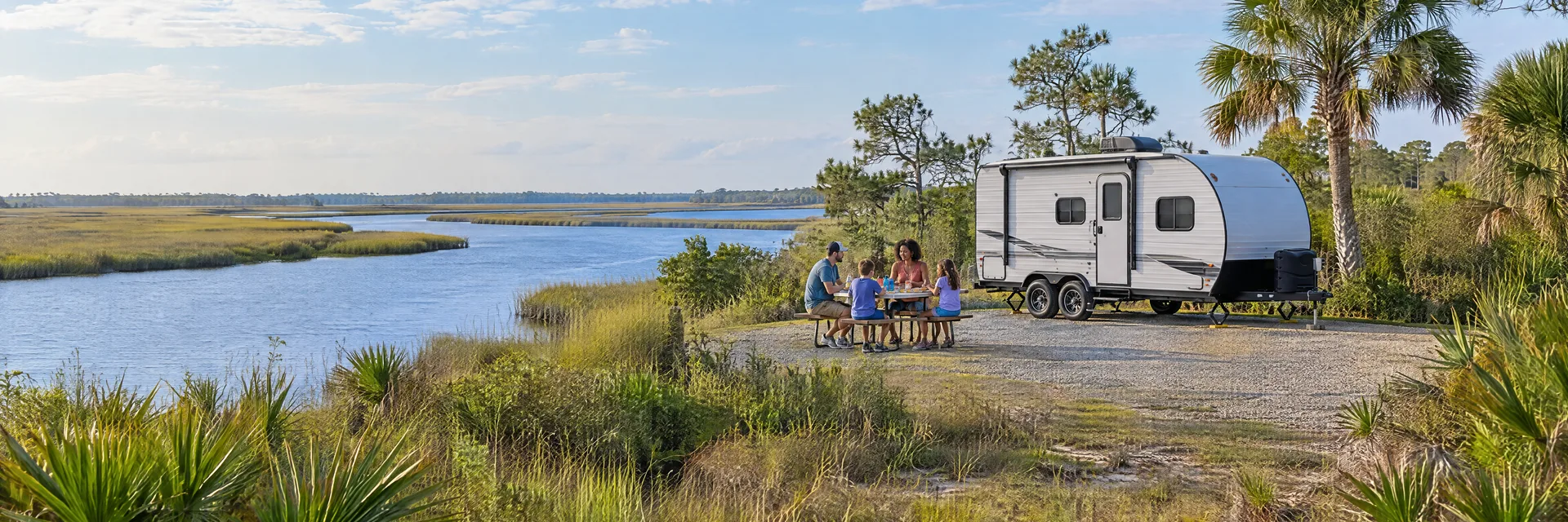 Illustration of campers enjoying a family picnic beside a compact travel trailer in a fictional camping setting inspired by Port Orange, FL.