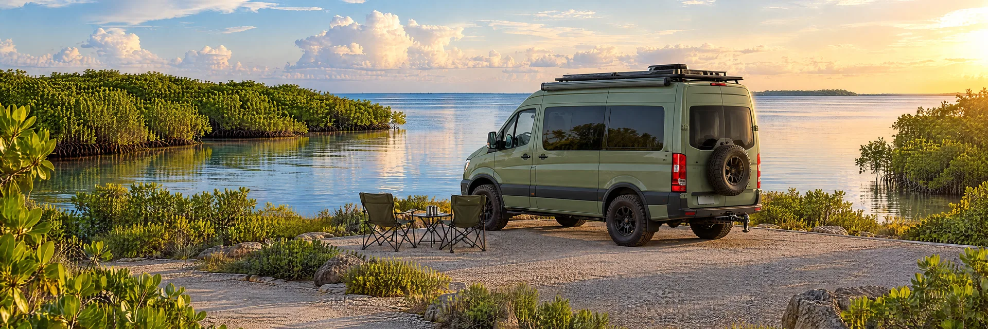 Illustration of a sage-green modern campervan at a fictional camping setting inspired by Punta Gorda, FL.