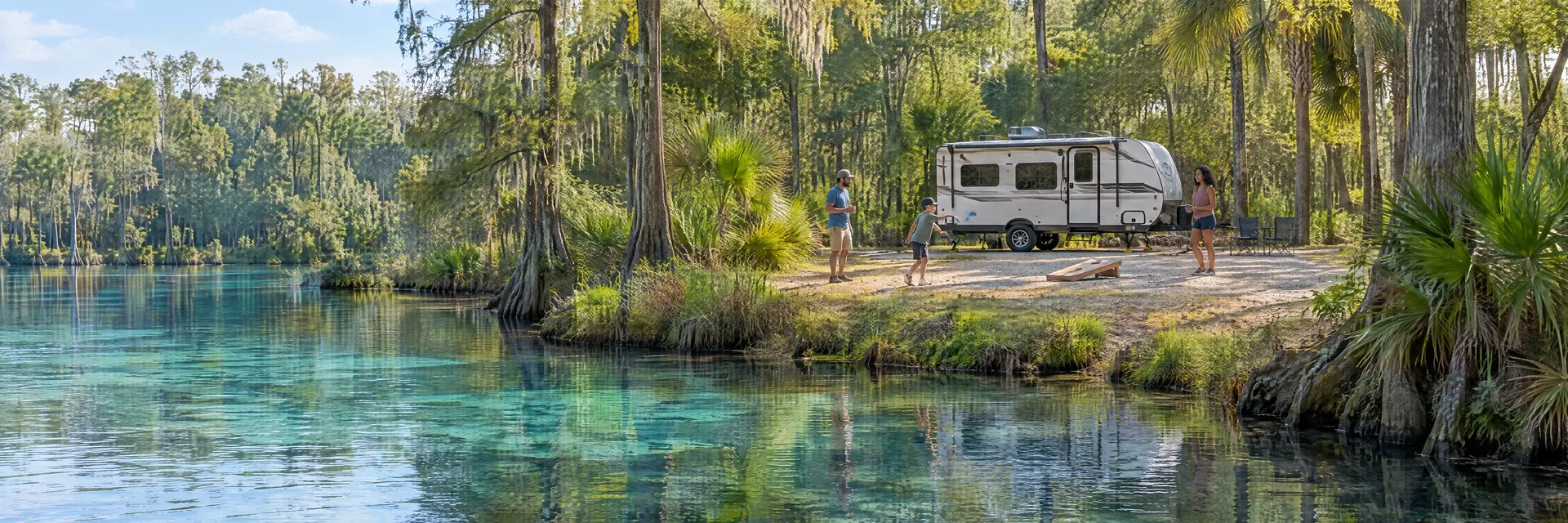 Illustration of campers enjoying family campsite activities beside a compact travel trailer in a fictional camping setting inspired by Salt Springs, FL.