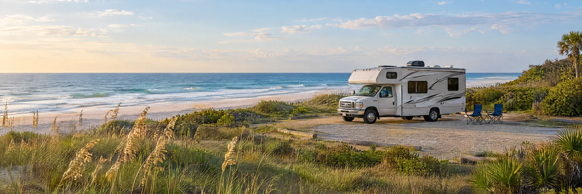 Illustration of a Class C motorhome at a fictional camping setting inspired by St Augustine Beach, FL.