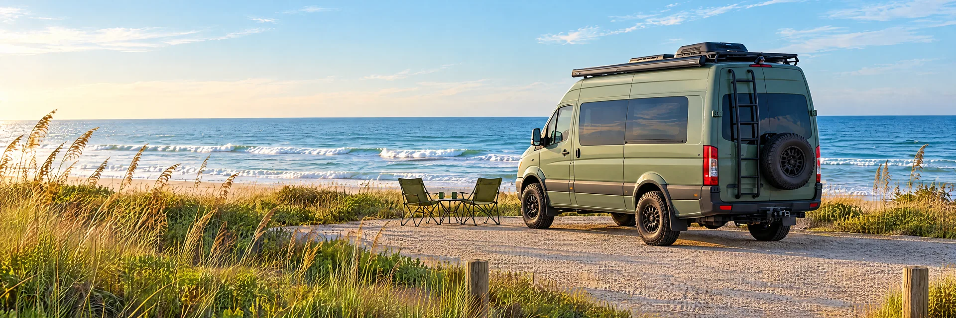 Illustration of a sage-green modern campervan at a fictional camping setting inspired by St. Augustine, FL.