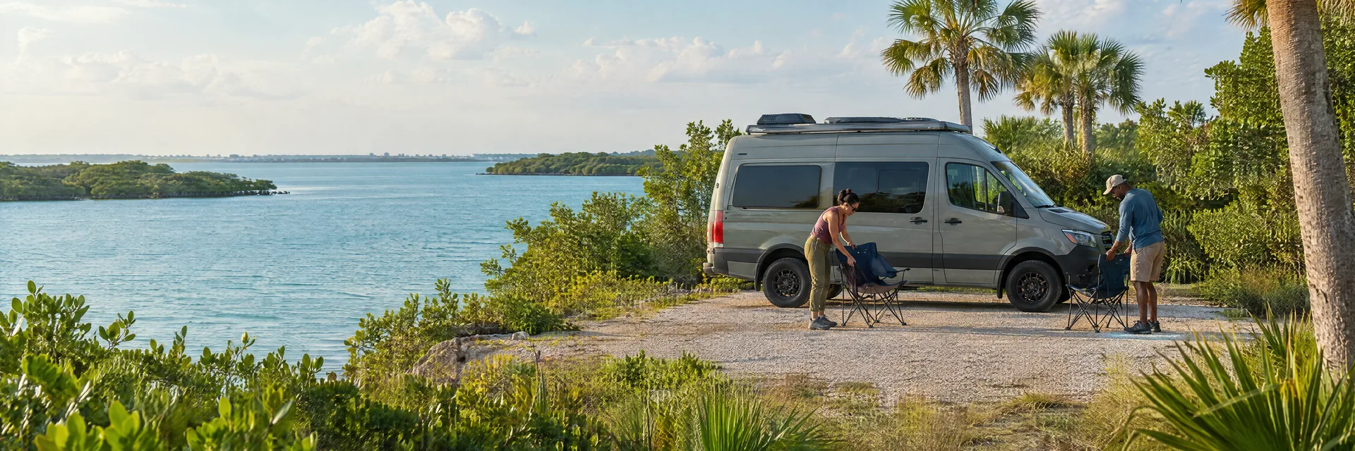 Illustration of campers enjoying setting up camp beside a camper van in a fictional camping setting inspired by St. Petersburg, FL.