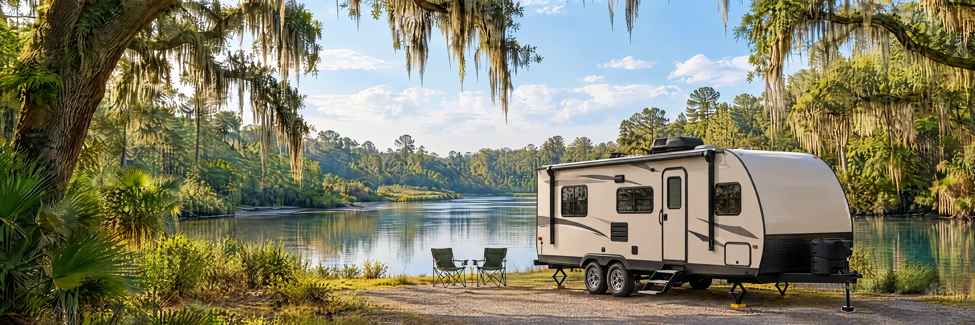 Illustration of a ivory tandem-axle travel trailer with visible hitch and stabilizers at a fictional camping setting inspired by Tallahassee, FL.