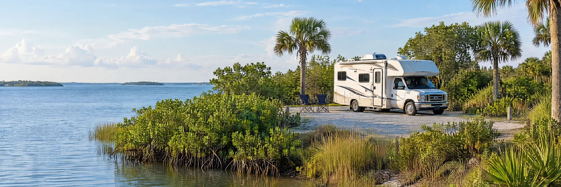 Illustration of a Class C motorhome at a fictional camping setting inspired by Tarpon Springs, FL.