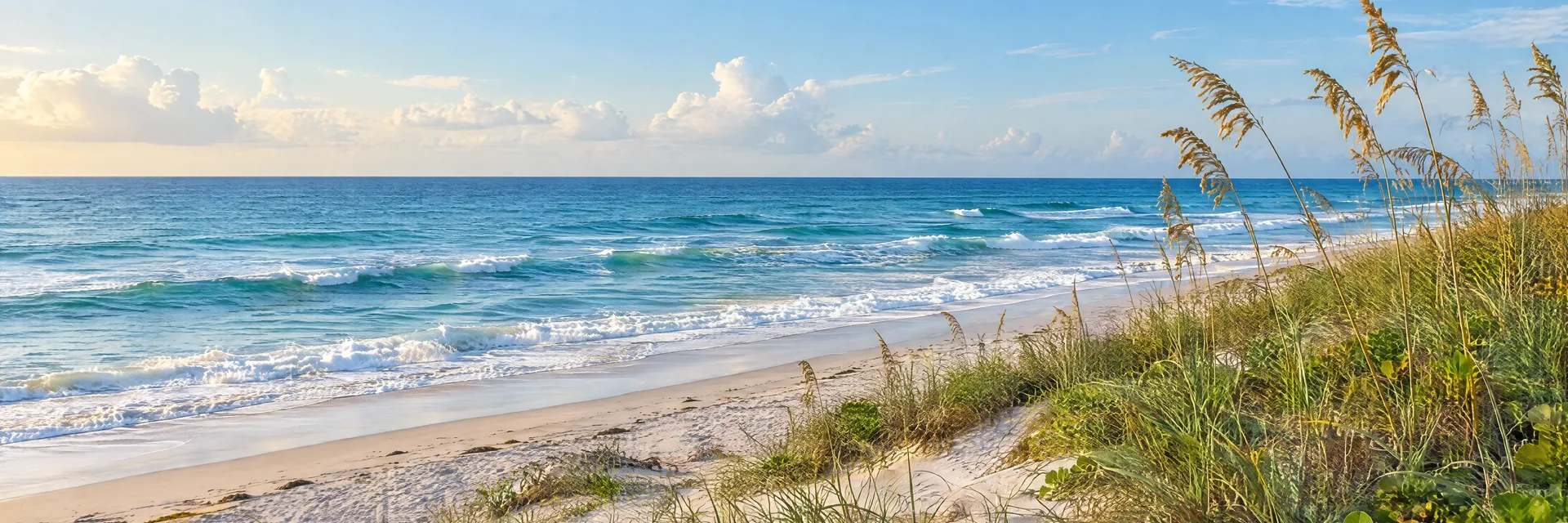 Illustration inspired by Vero Beach, FL: florida Atlantic sandy beach, sea oats, low dunes and rolling blue surf.