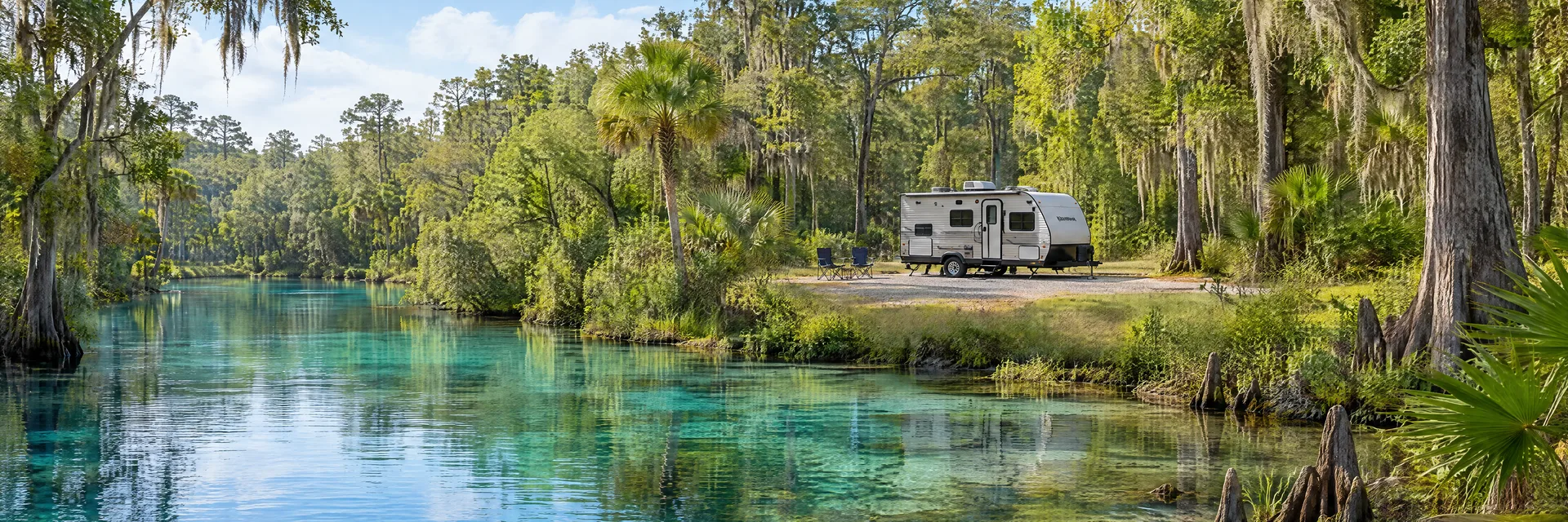Illustration of a compact travel trailer at a fictional camping setting inspired by Weeki Wachee, FL.