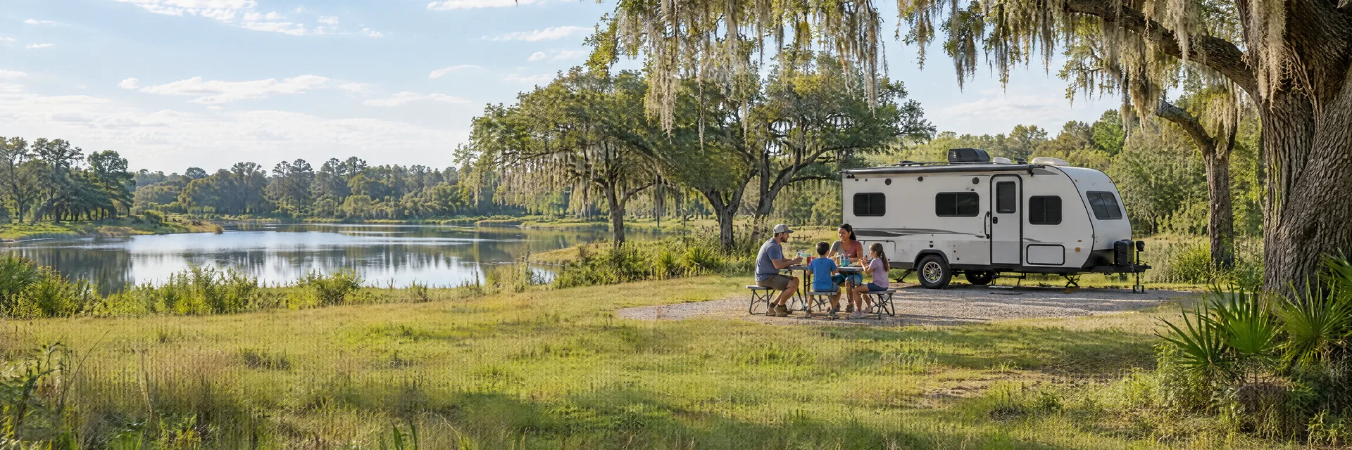 Illustration of campers enjoying a family picnic beside a compact travel trailer in a fictional camping setting inspired by Wildwood, FL.