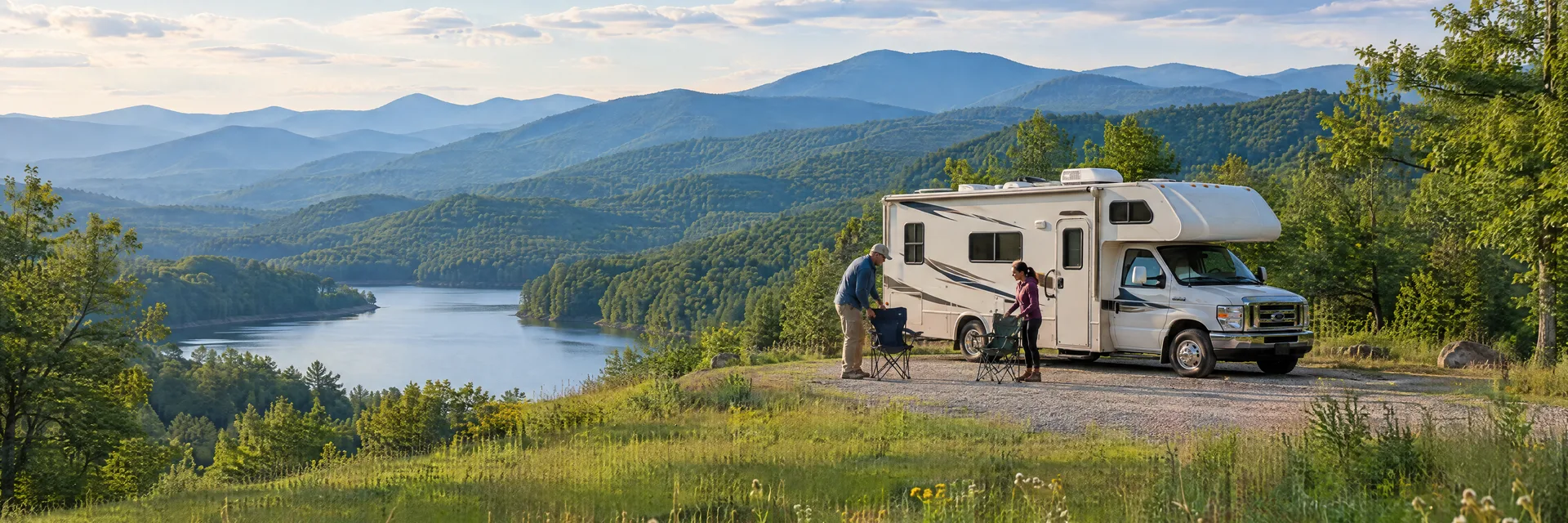 Illustration of campers enjoying setting up camp beside a Class C motorhome in a fictional camping setting inspired by Blairsville, GA.