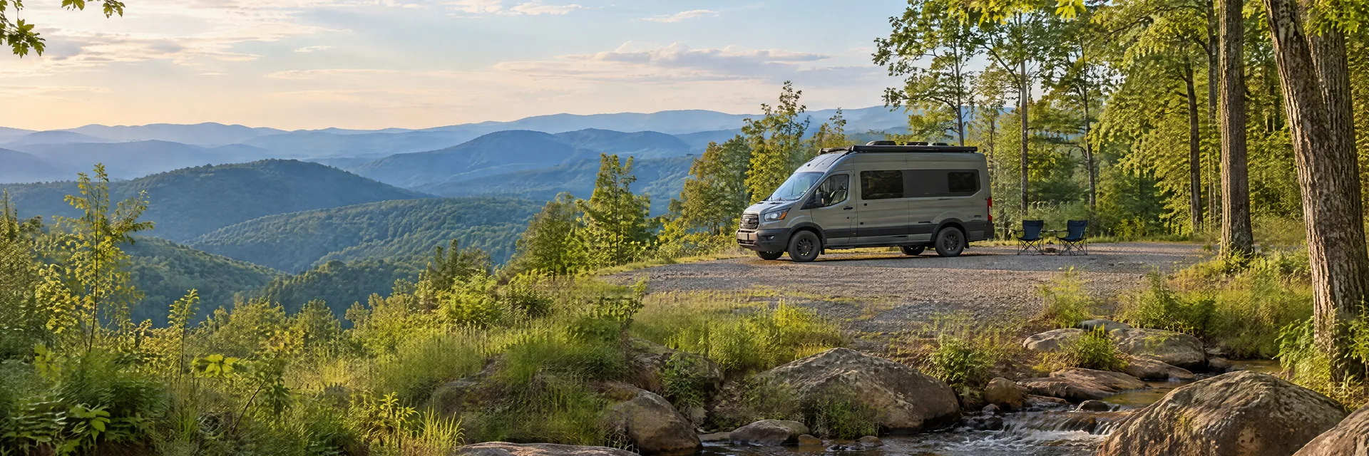 Illustration of a camper van at a fictional camping setting inspired by Clarkesville, GA.