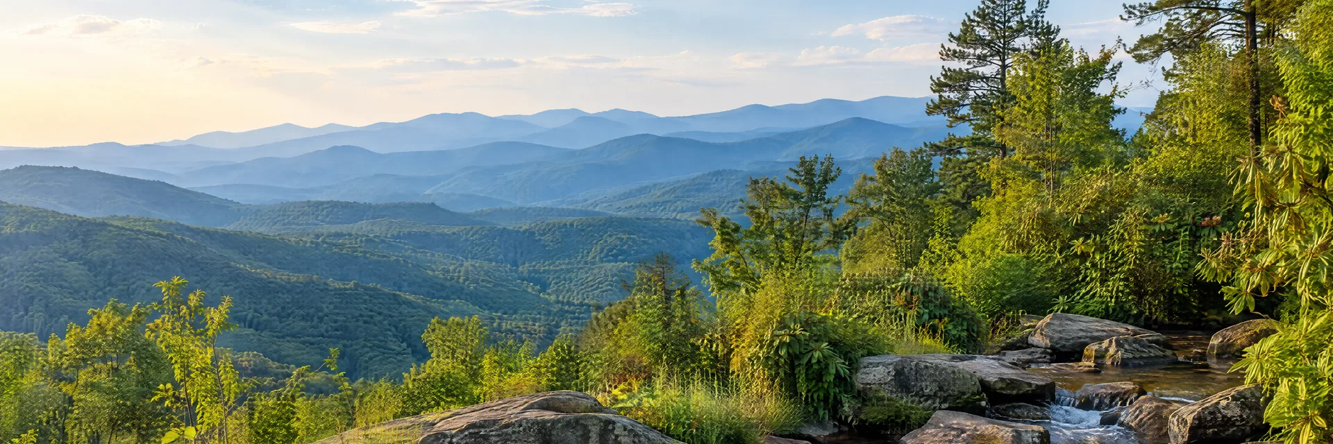 Illustration inspired by Clayton, GA: northeastern Georgia mountain woodland, small clear stream and layered Blue Ridge hills.