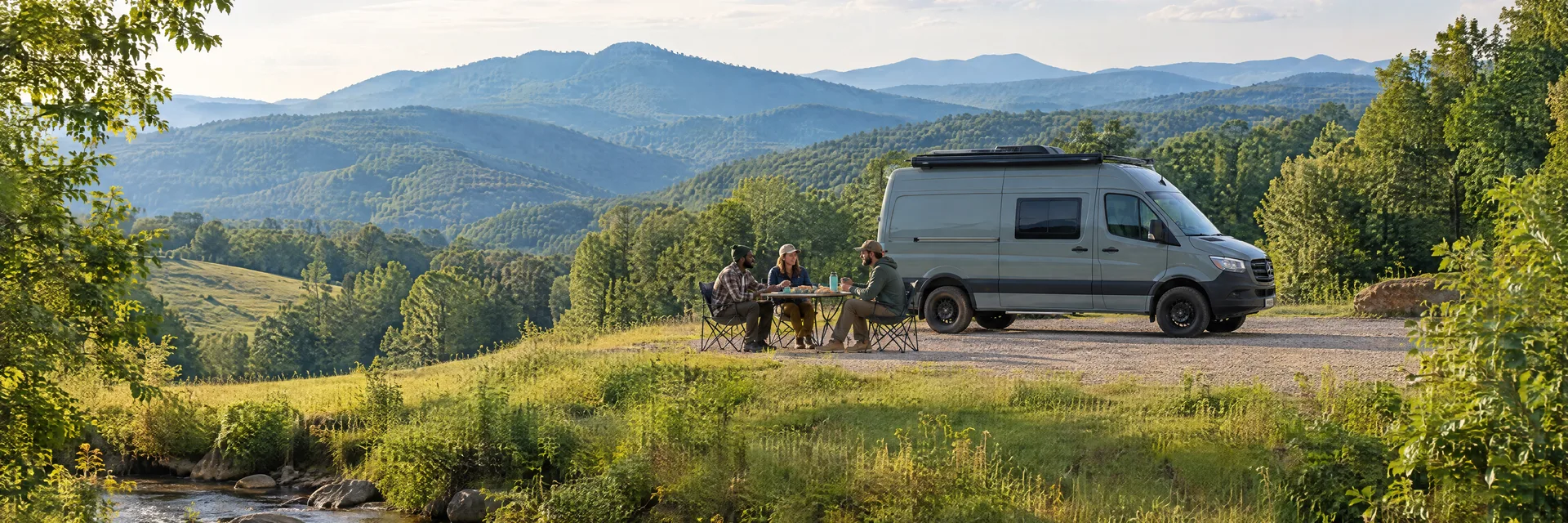 Illustration of campers enjoying an outdoor meal beside a camper van in a fictional camping setting inspired by Cleveland, GA.