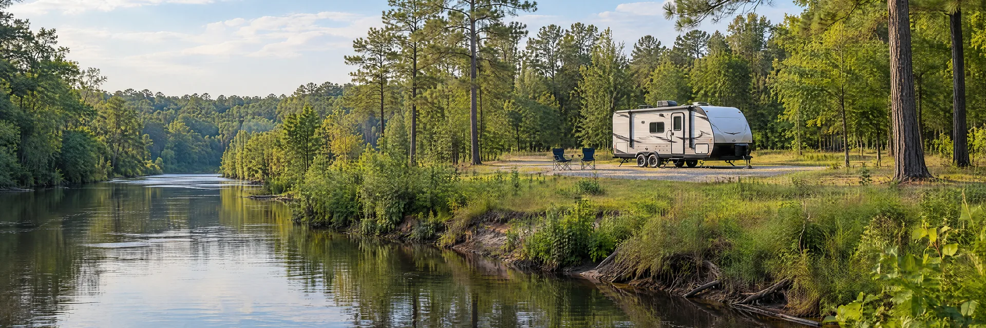 Illustration of a compact travel trailer at a fictional camping setting inspired by Dublin, GA.