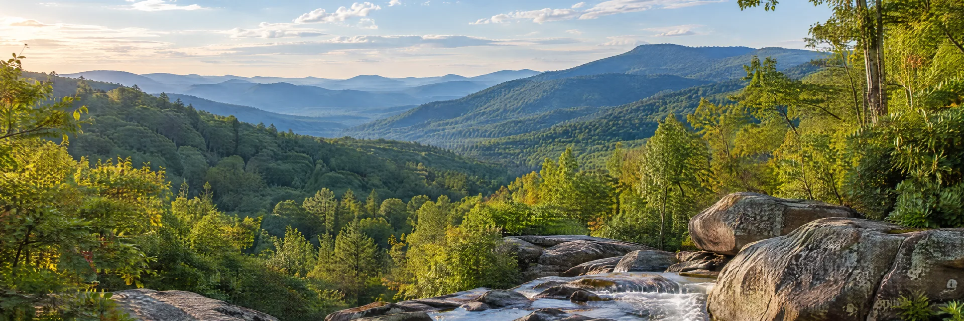 Illustration inspired by Ellijay, GA: north Georgia wooded mountain valley, rocky creek and layered hardwood ridges.