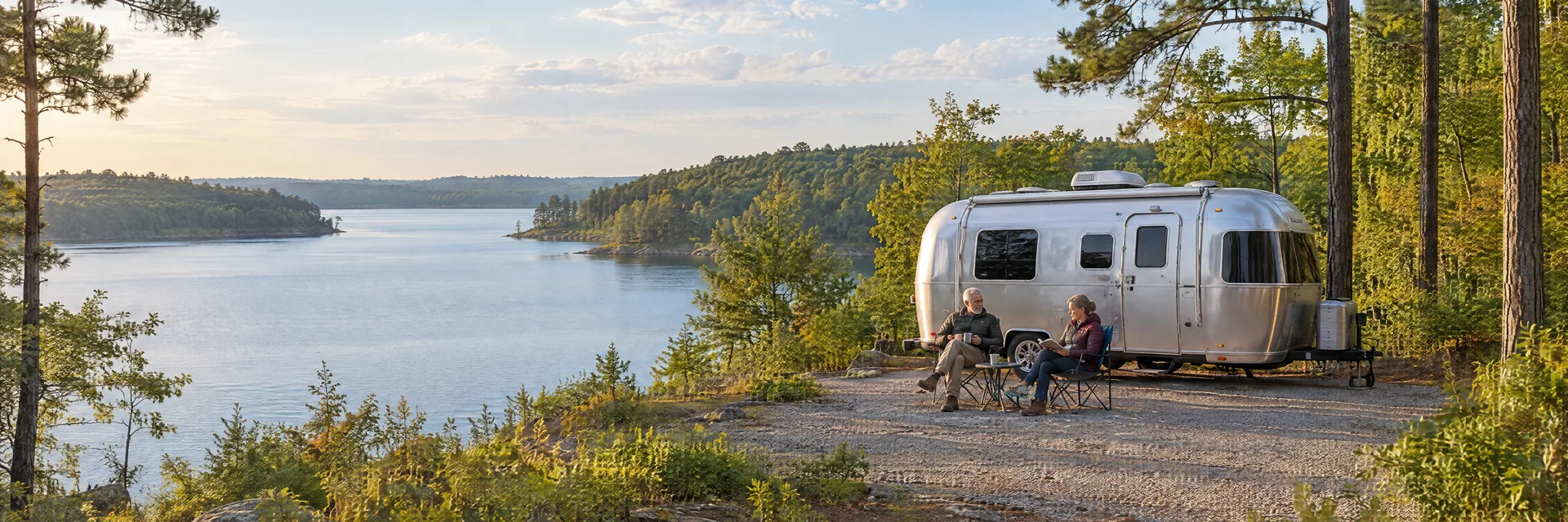 Illustration of campers enjoying relaxing at camp beside a rounded silver travel trailer in a fictional camping setting inspired by Hartwell, GA.