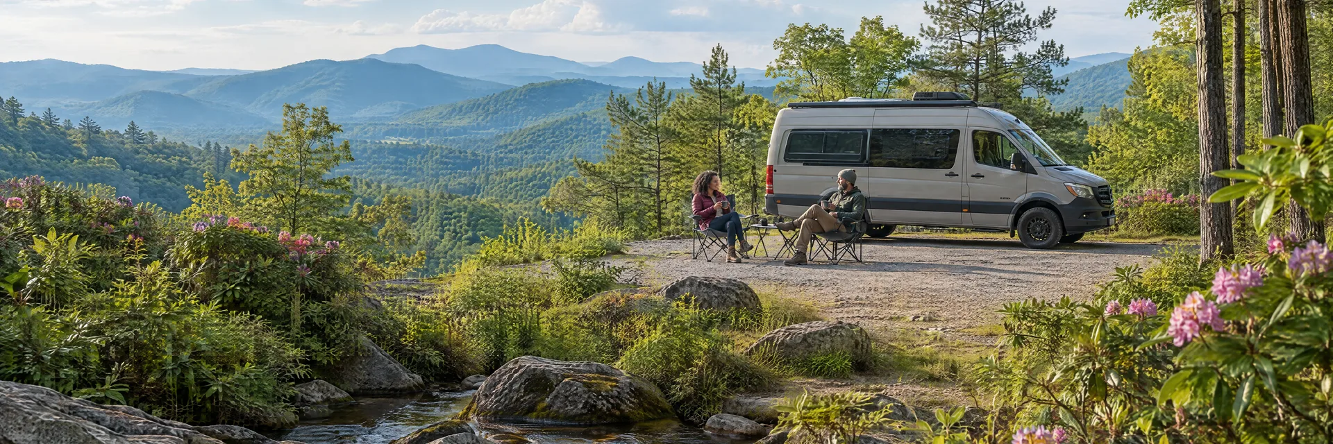Illustration of campers enjoying morning coffee beside a camper van in a fictional camping setting inspired by Helen, GA.