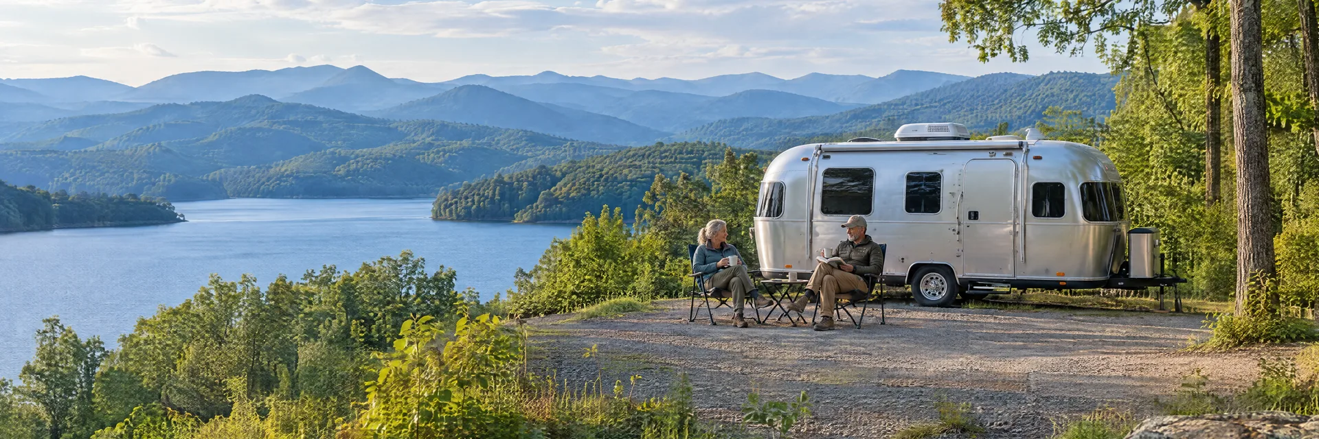 Illustration of campers enjoying relaxing at camp beside a rounded silver travel trailer in a fictional camping setting inspired by Hiawassee, GA.
