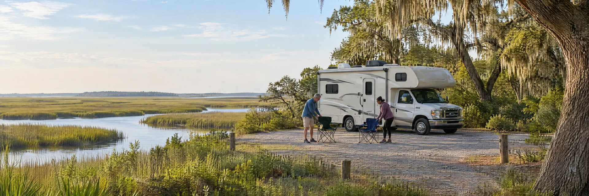 Illustration of campers enjoying setting up camp beside a Class C motorhome in a fictional camping setting inspired by Jekyll Island, GA.