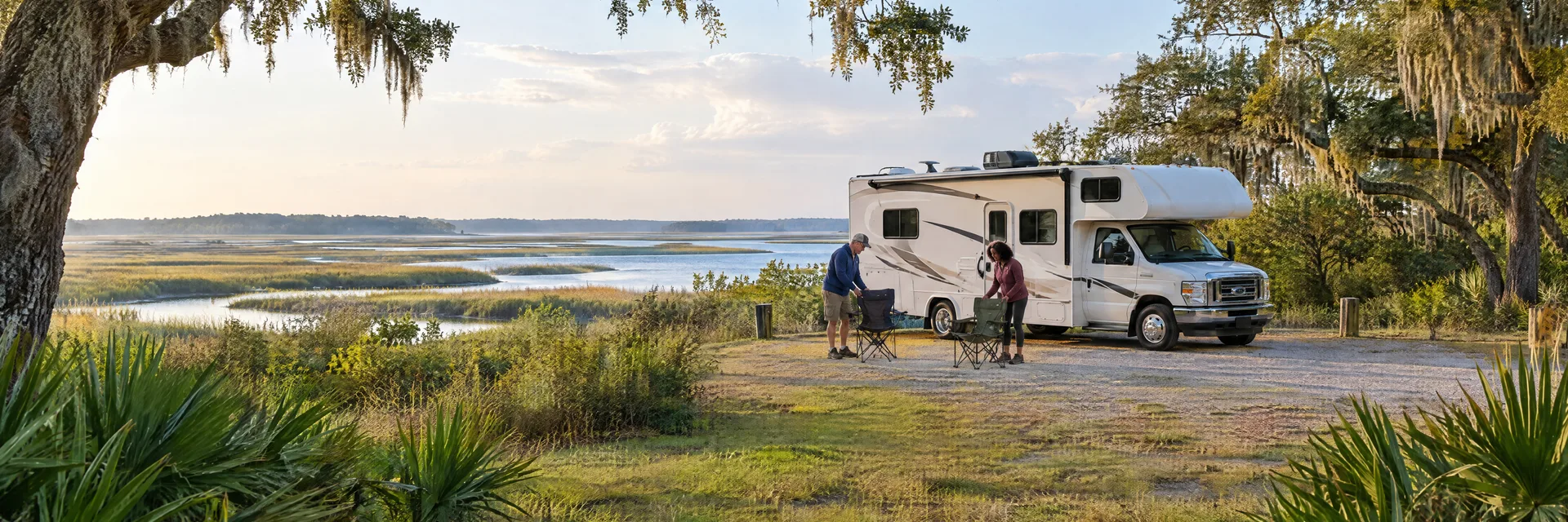 Illustration of campers enjoying setting up camp beside a Class C motorhome in a fictional camping setting inspired by Kingsland, GA.